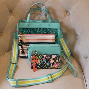 Nanette Lepore PVC clear aquatic blue tote with wristlet + Fossil Key keychains